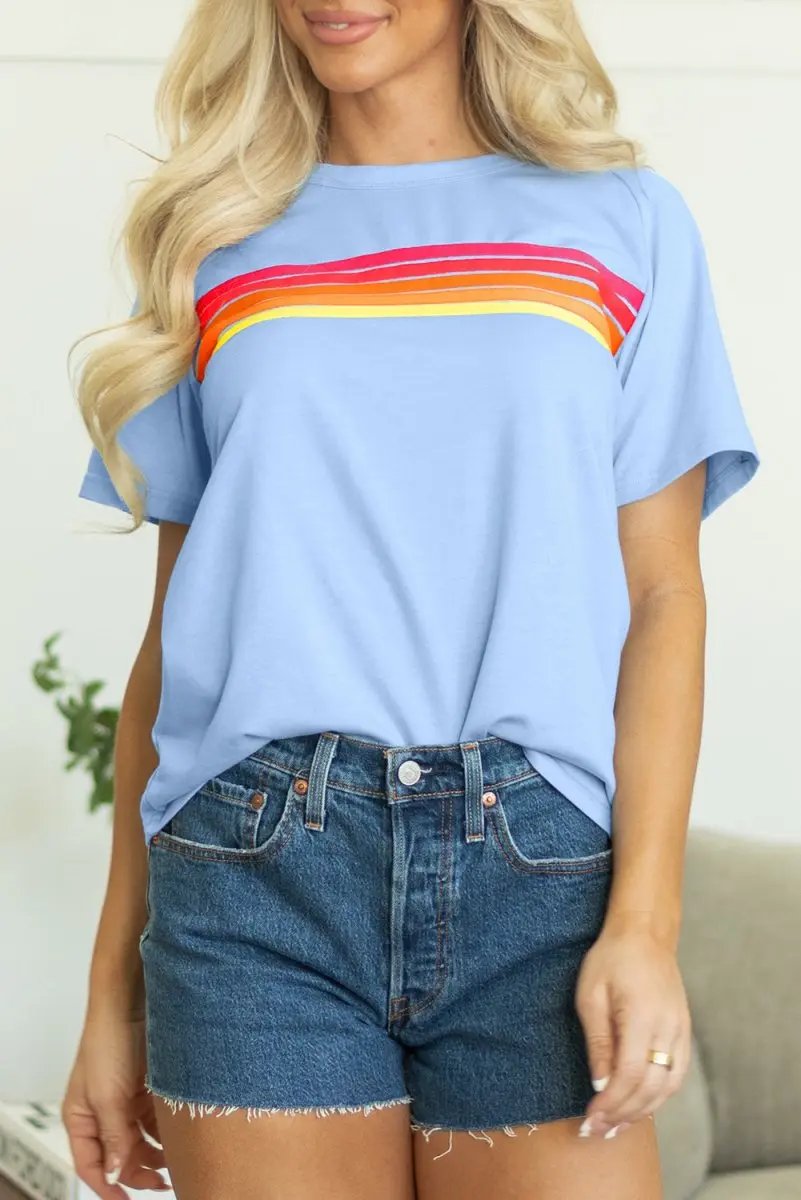 Beau Blue Striped Patch Front Casual Tee for Women - Love Salve